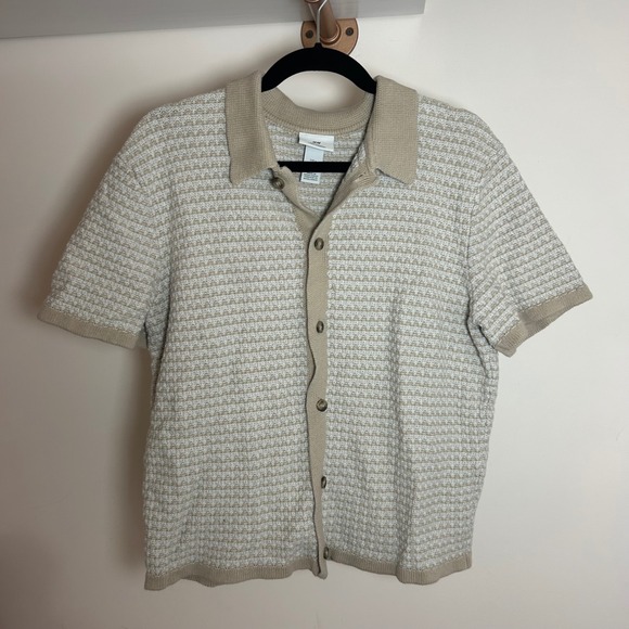 H&M Other - HM Mens Beige White Textured Knit Button Down Shirt Short Sleeve Polo Large